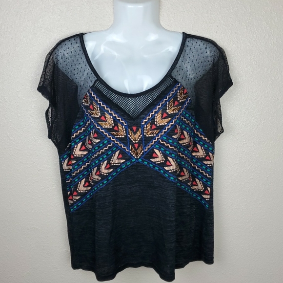 Miss Me Tops - Miss Me Tank Top Boho Aztec Mesh Sz S black